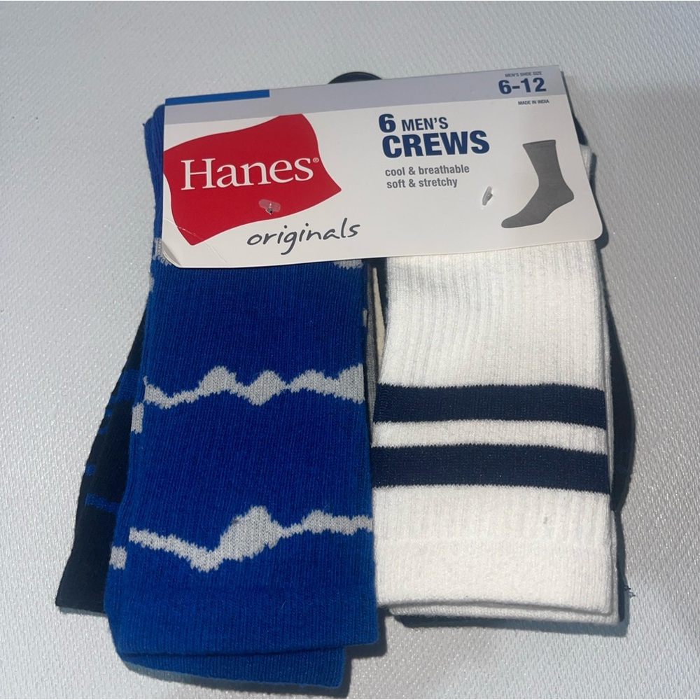Hanes Originals Men's Crew Socks - Blue, White, and Black 6-12 NWT
